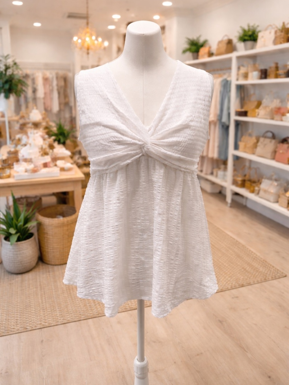 White Birch Textured Babydoll Tank 1X White Sleeveless Flowy Twist Front NWOT